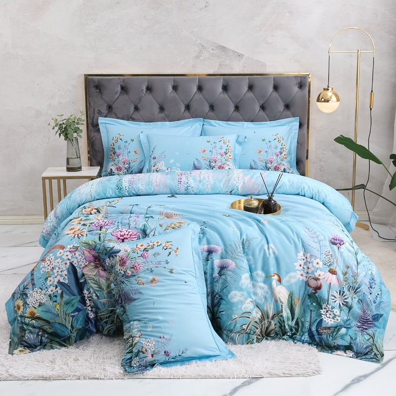 Azure Bloom Duvet Cover Set (Egyptian Cotton, 500 TC)