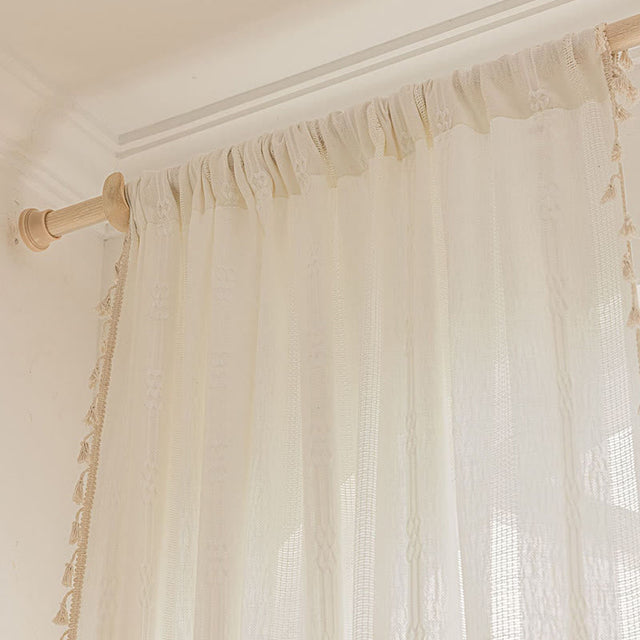 Stripe Semi-Blackout Curtain Hollow-Out Tassel Drapes