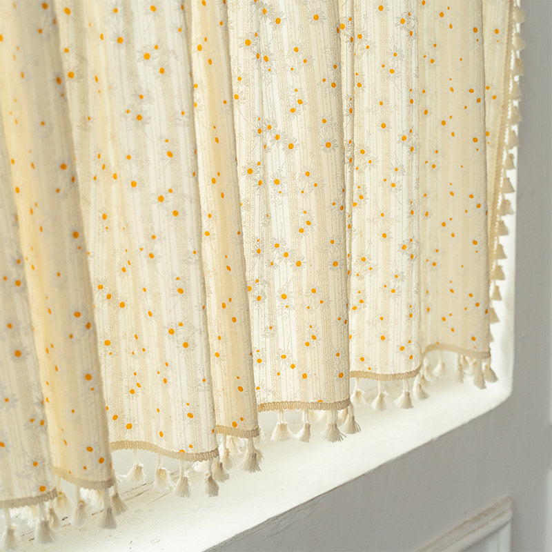 Beige Daisy Pattern Tier Curtain in Cotton Linen Fabric