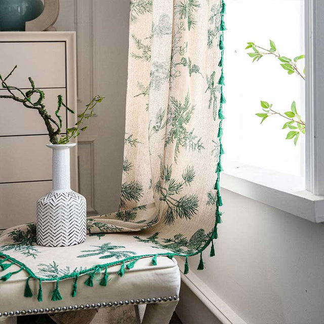 Green Pine Bird Pattern Tassel Curtain Bohemian Cotton Blend