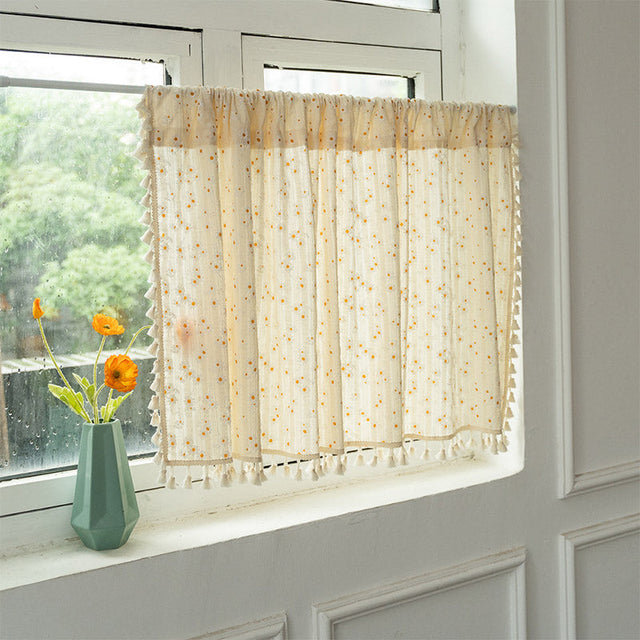 Beige Daisy Pattern Tier Curtain in Cotton Linen Fabric