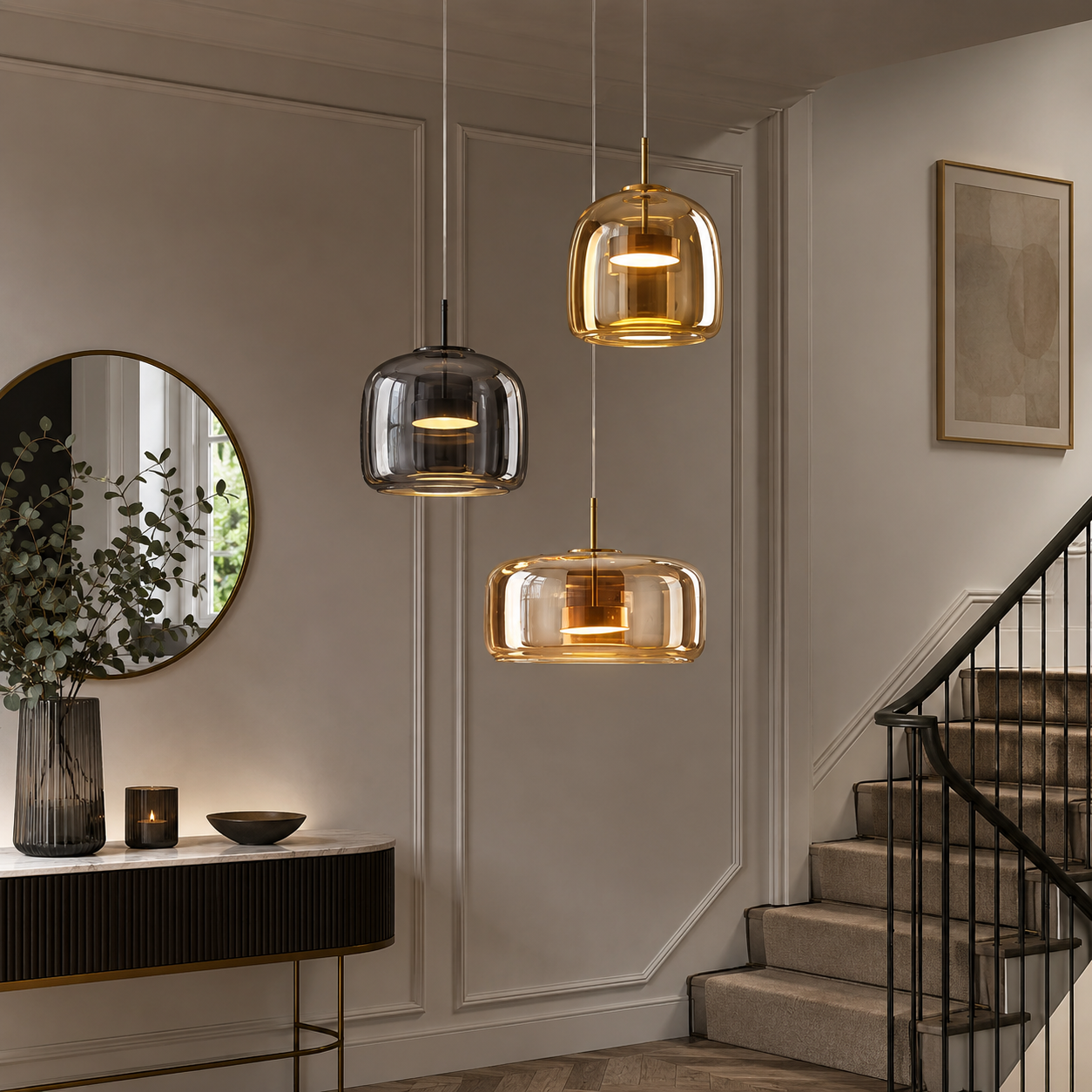 Retro Tinted Glass Pendant Light, Amber, Smoke or Clear Ceiling Lamp