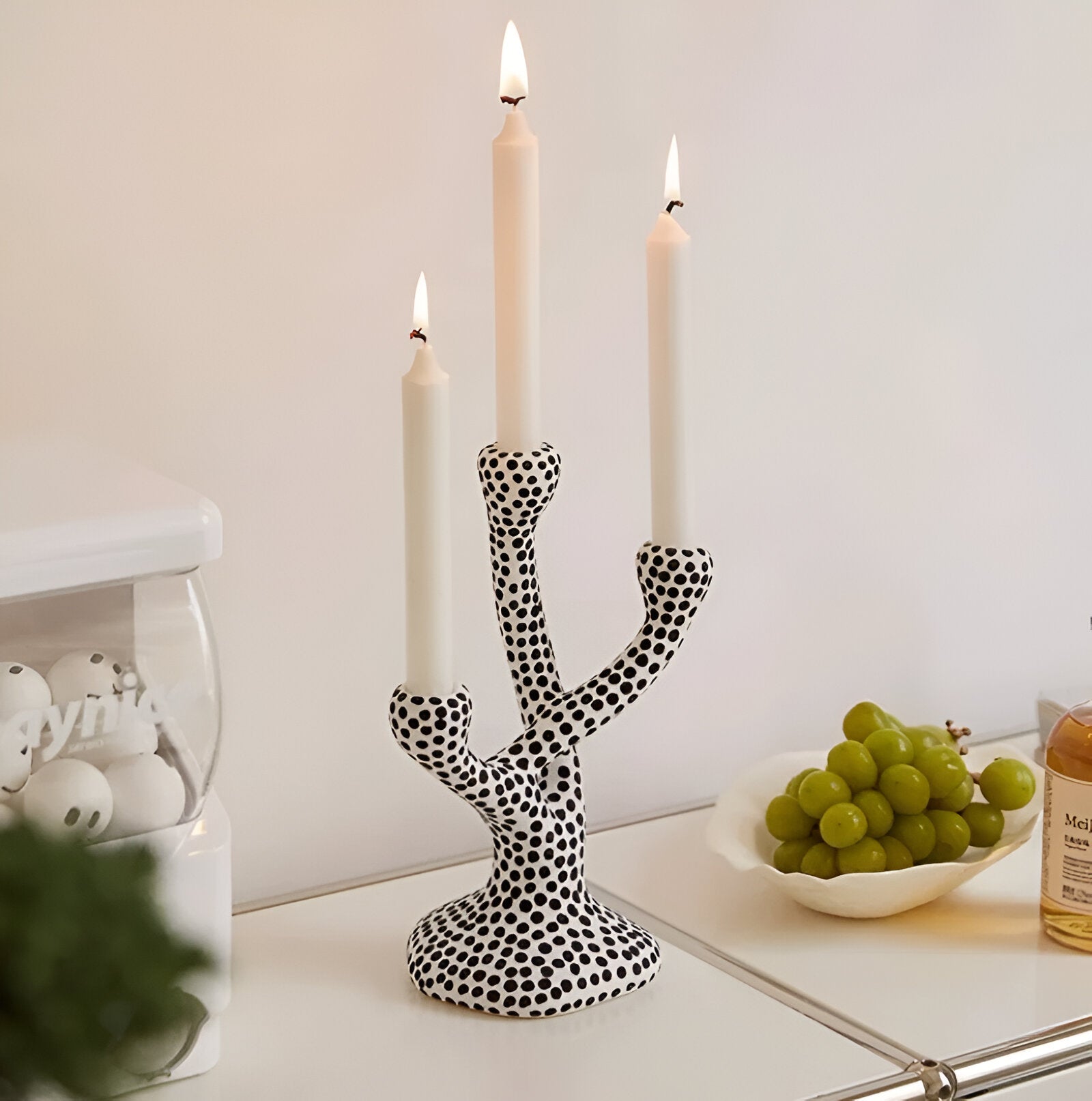 Ceramic Black & White Polka Dot Candle Holder Modern Decor
