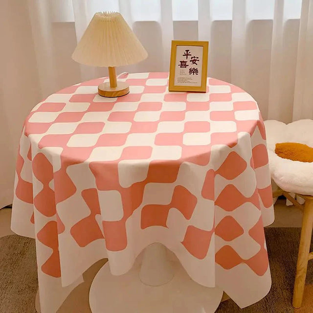 Chequered Design Round Cotton Tablecloth Waterproof Style