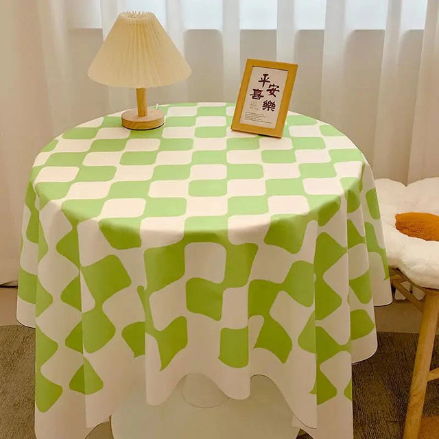 Chequered Design Round Cotton Tablecloth Waterproof Style