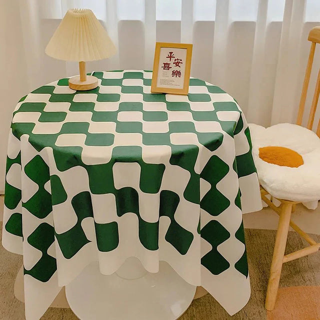 Chequered Design Round Cotton Tablecloth Waterproof Style