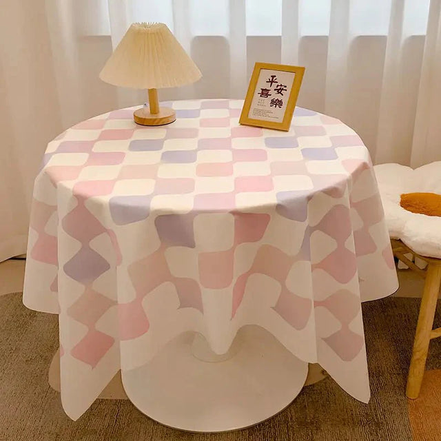 Chequered Design Round Cotton Tablecloth Waterproof Style