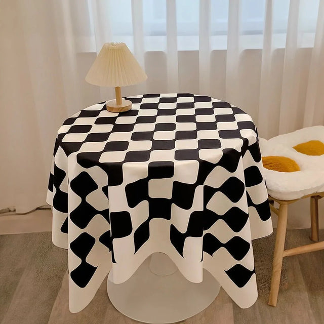 Chequered Design Round Cotton Tablecloth Waterproof Style