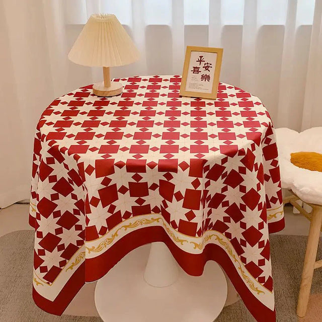 Chequered Design Round Cotton Tablecloth Waterproof Style