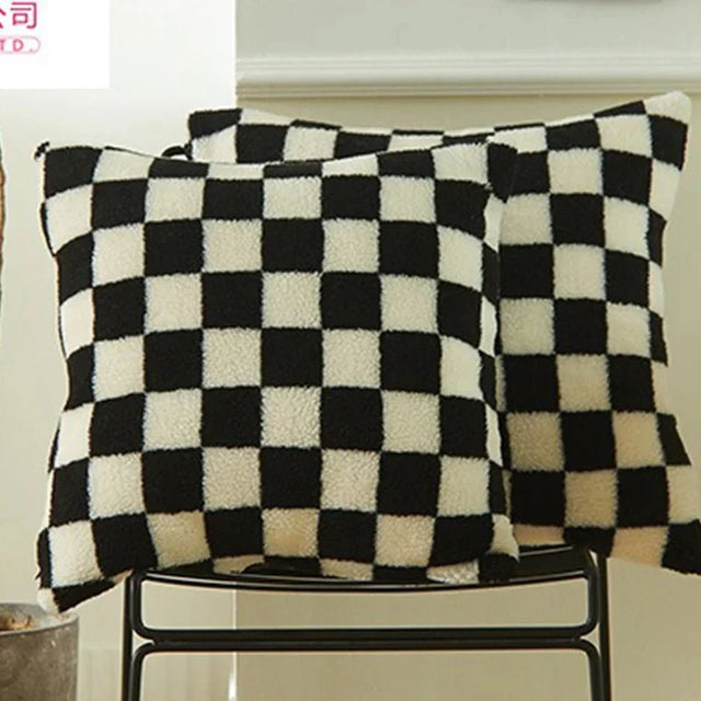 Chequered Faux Fur Woollen Throw Cushion Cover - Black White