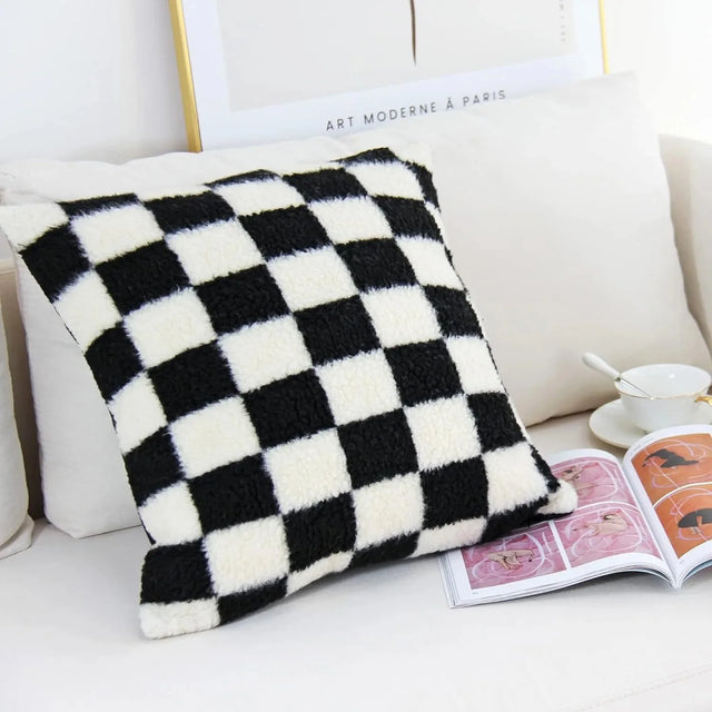 Chequered Faux Fur Woollen Throw Cushion Cover - Black White