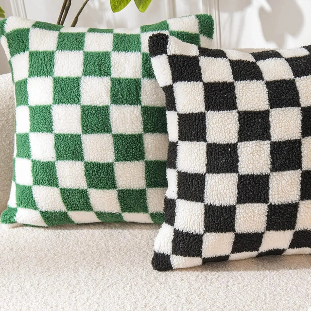 Chequered Faux Fur Woollen Throw Cushion Cover - Black White