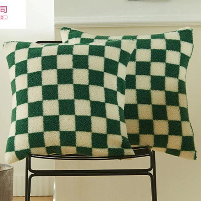 Chequered Faux Fur Woollen Throw Cushion Cover - Black White