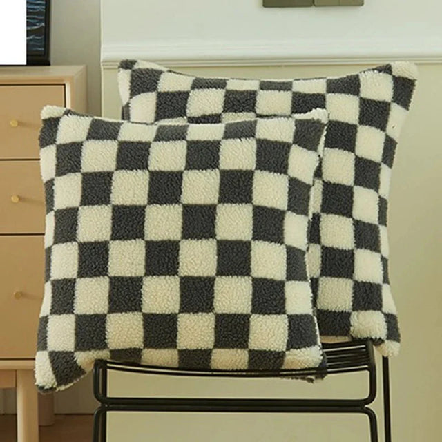 Chequered Faux Fur Woollen Throw Cushion Cover - Black White