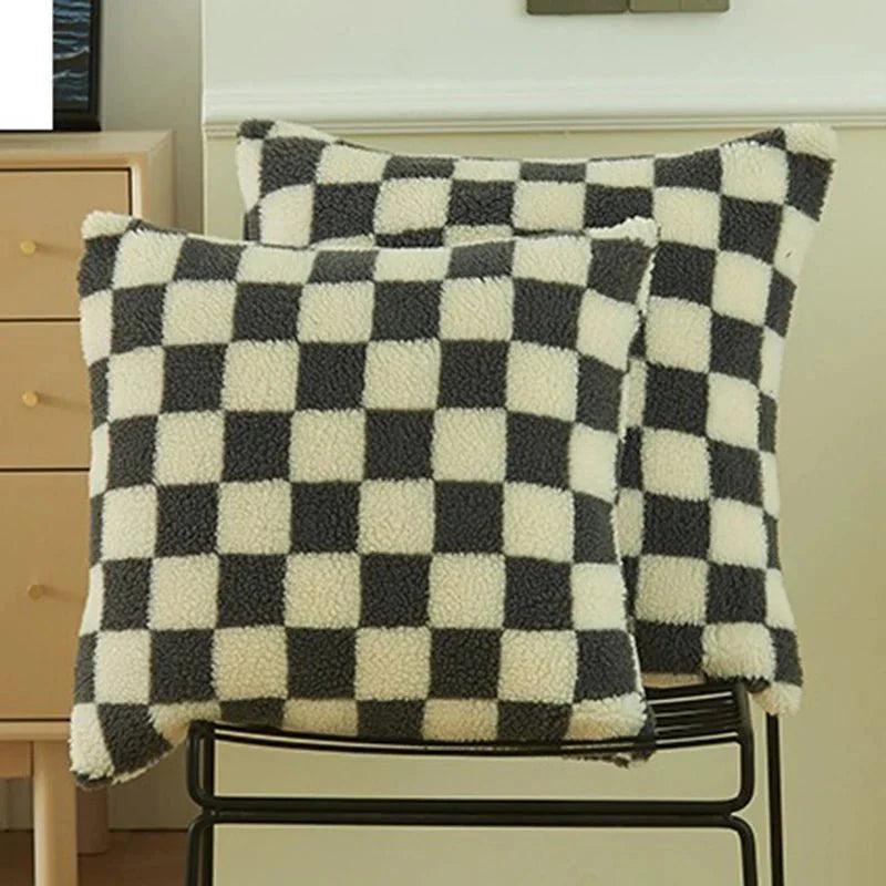 Chequered Faux Fur Woollen Throw Cushion Cover - Black White