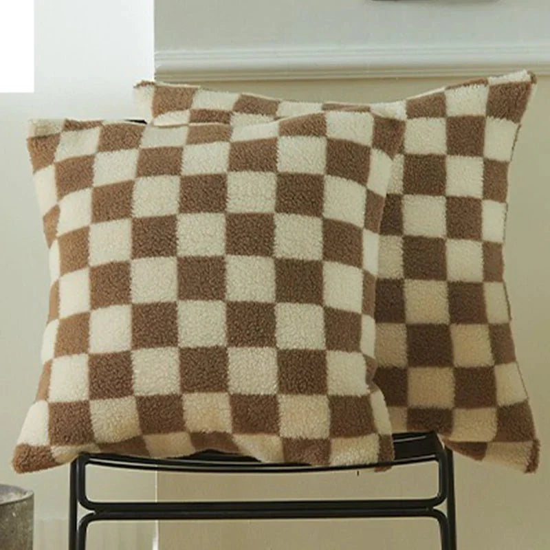 Chequered Faux Fur Woollen Throw Cushion Cover - Black White