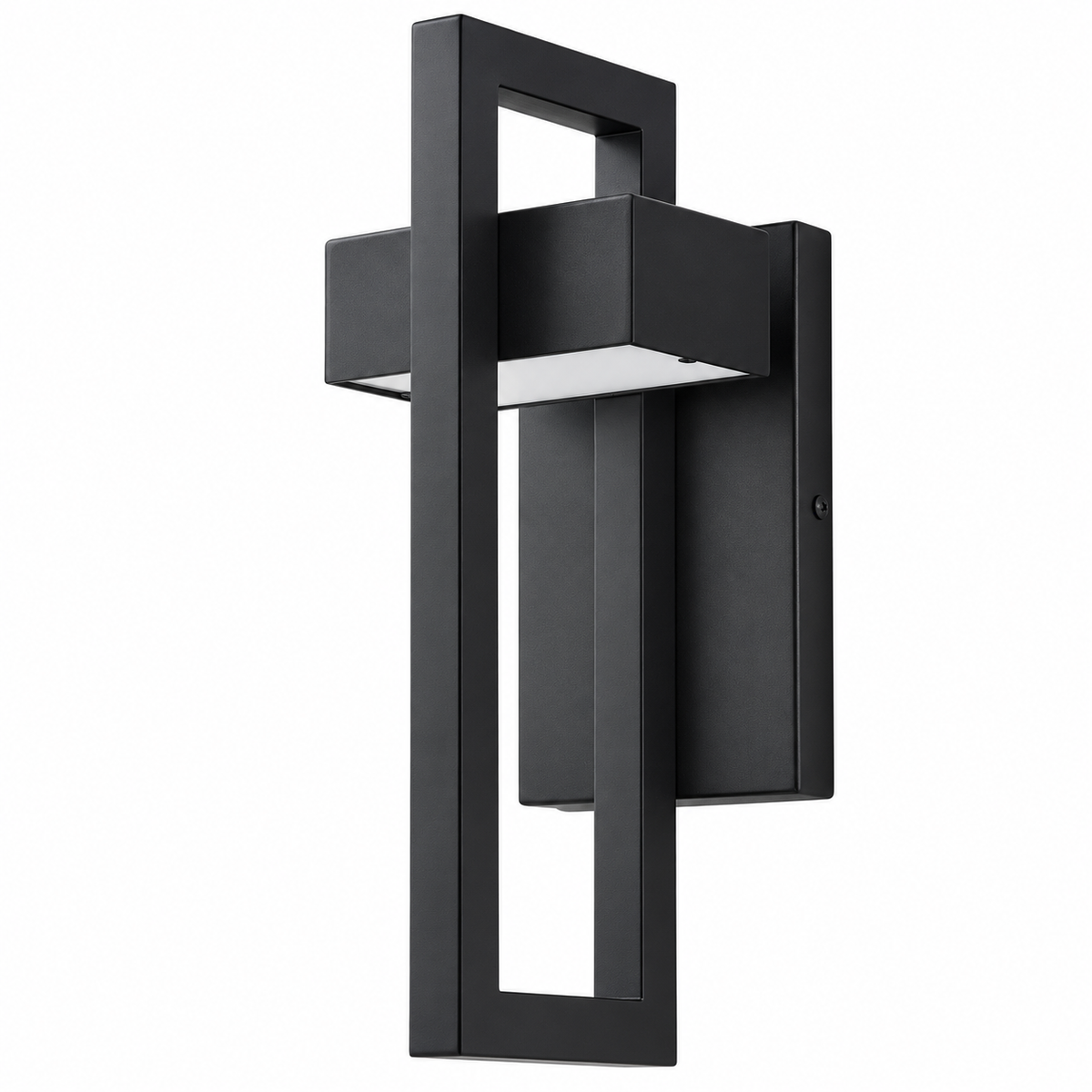 Black stainless steel outdoor wall light 35cm, unlit studio packshot, AI-assisted image