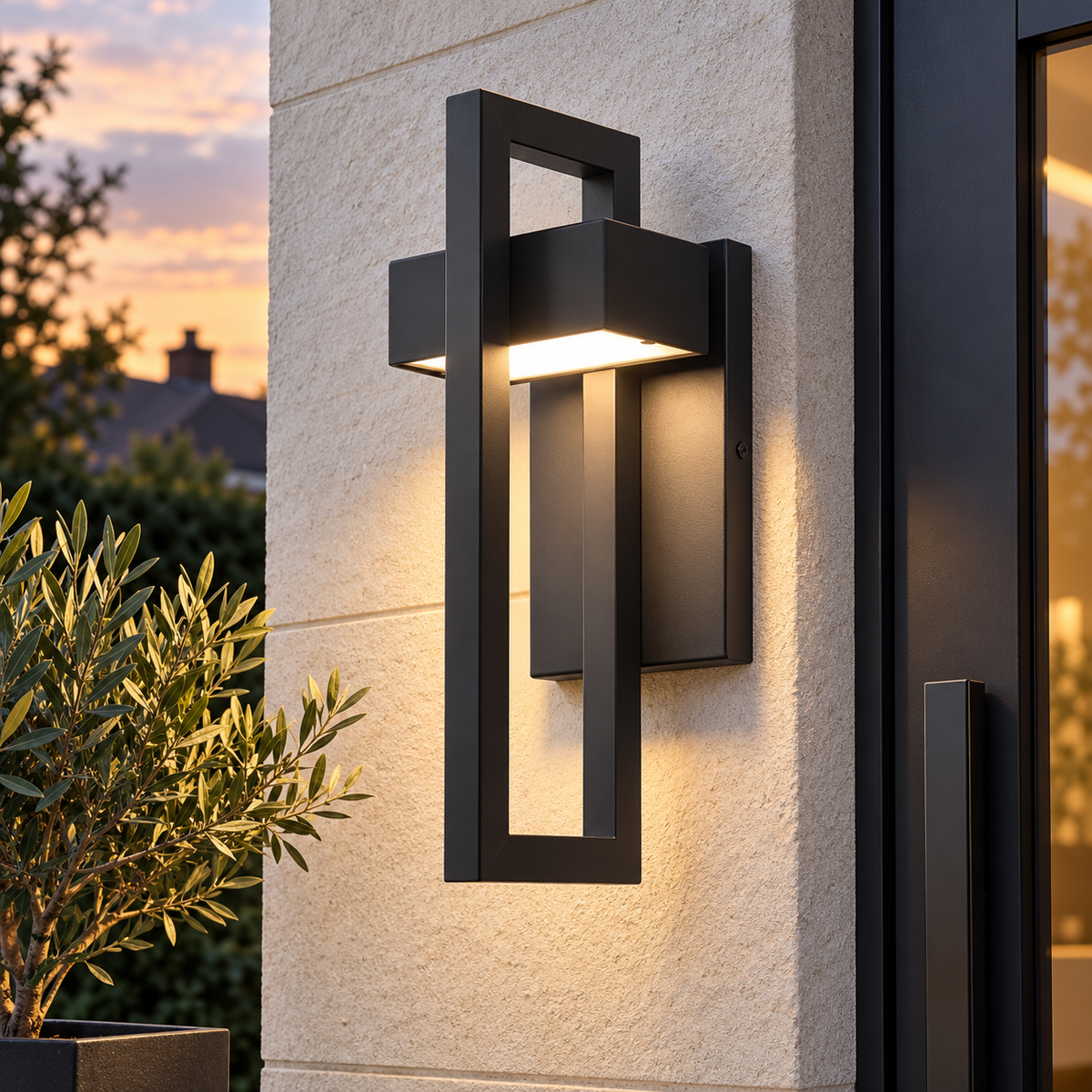 Black rectangular stainless steel outdoor wall light beside a front door, AI-assisted lifestyle image