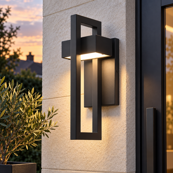 Black rectangular stainless steel outdoor wall light beside a front door, AI-assisted lifestyle image