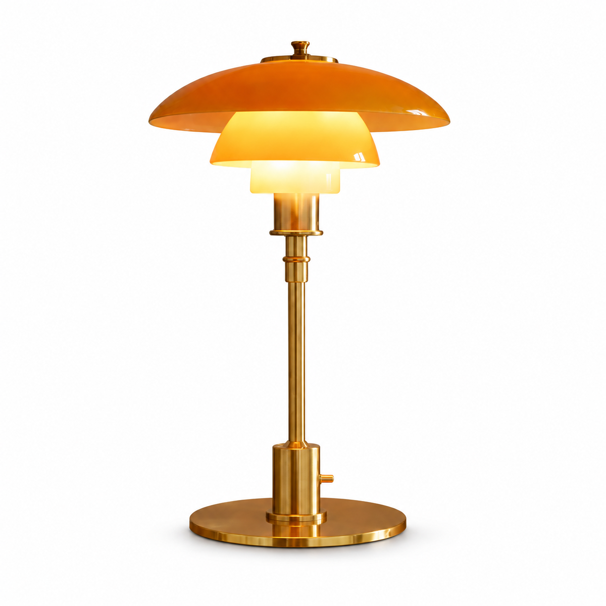 Antique Gold Nordic frosted glass table lamp, three-tier amber shade and gold metal base, on white background