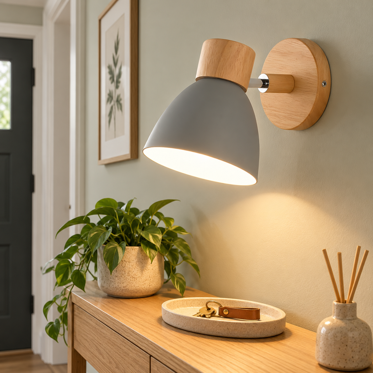 Grey and wood wall light above a hallway console, AI-assisted lifestyle image