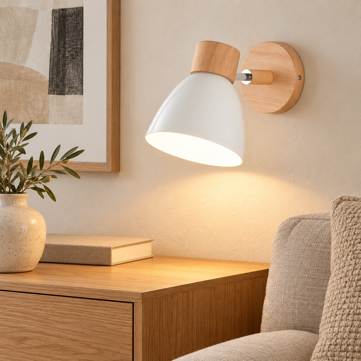 Scandinavian white and wood wall light in a living room, adjustable metal shade, AI-assisted lifestyle image