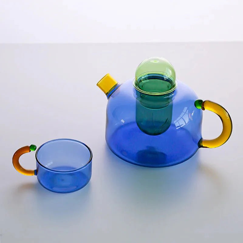 Contrasting Colour Glass Teapot Set - Stylish Heat-Resistant Design