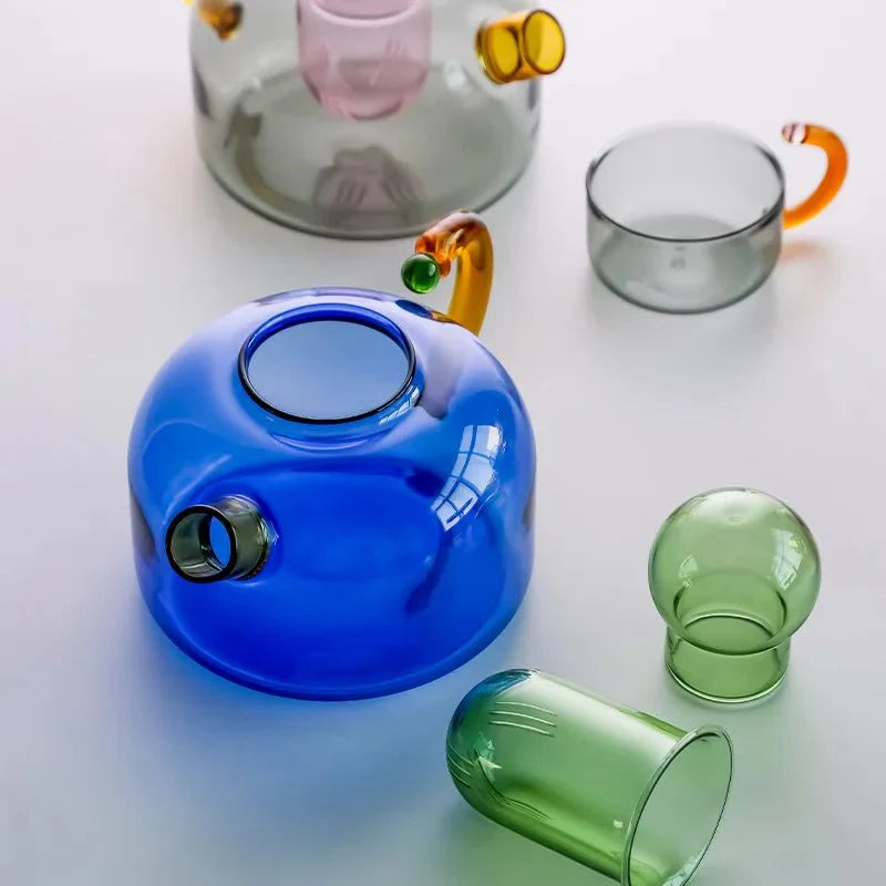 Contrasting Colour Glass Teapot Set - Stylish Heat-Resistant Design