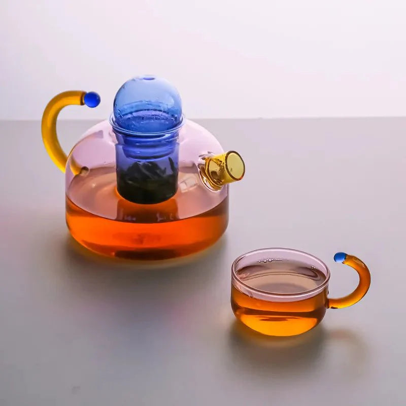 Contrasting Colour Glass Teapot Set - Stylish Heat-Resistant Design