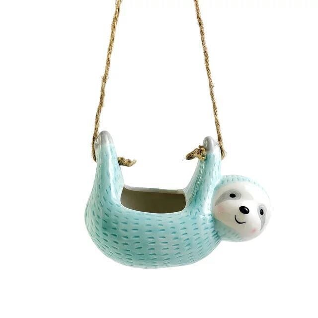 Creative Ceramic Sloth Hanging Flowerpot with Hemp Rope