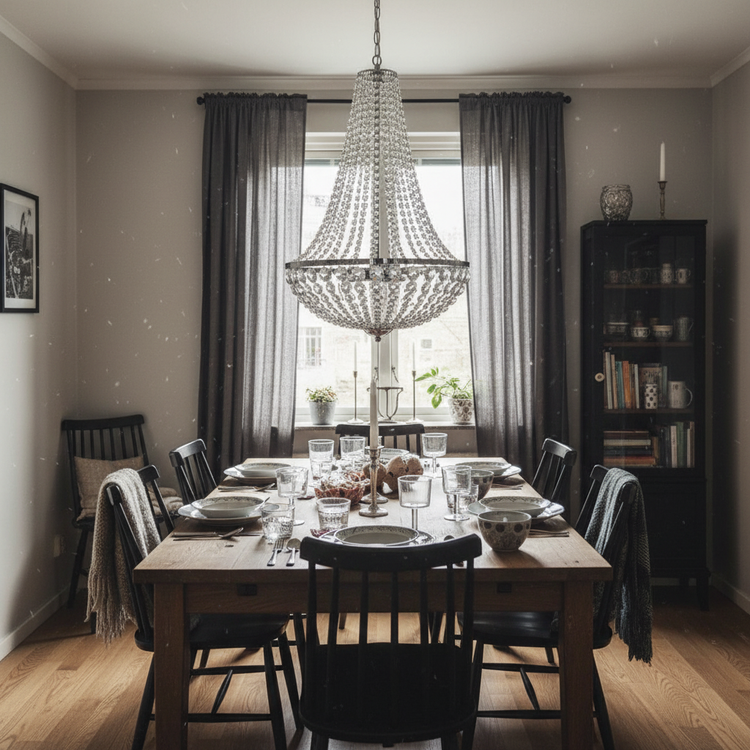 Customer review style photo of crystal chandelier in home