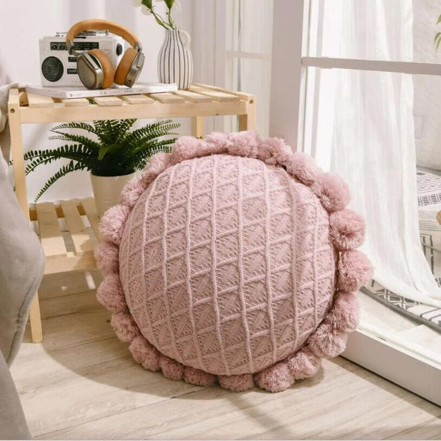 Cute Pompom Tassel Round Cosy Cushion in Acrylic Knit