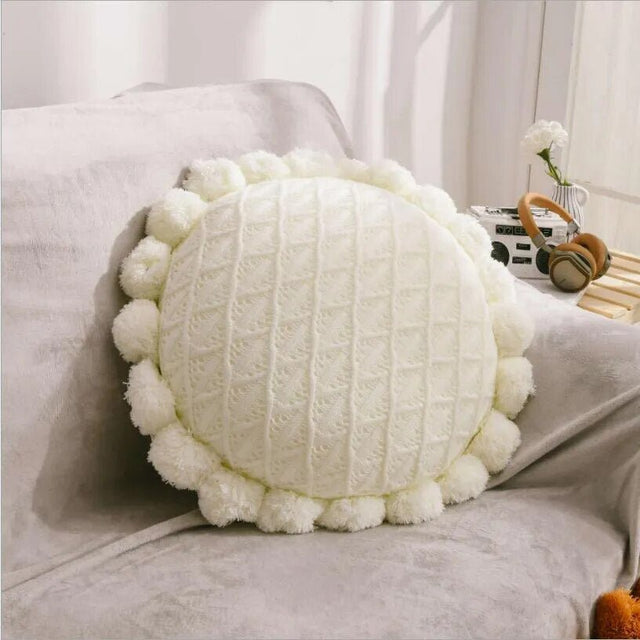 Cute Pompom Tassel Round Cosy Cushion in Acrylic Knit