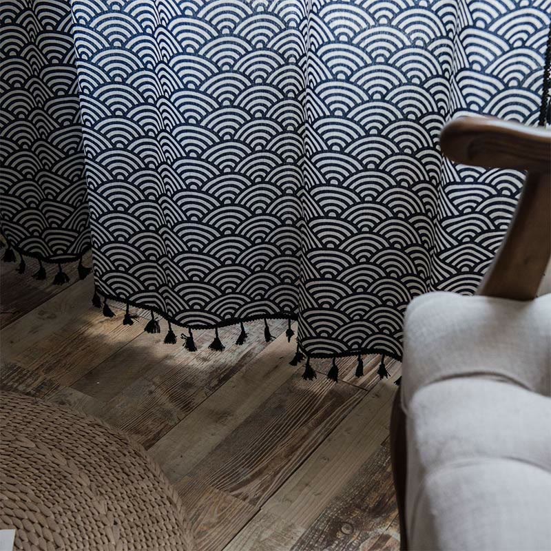 Fish Scale Semi Blockout Tassel Curtain in Navy Cotton