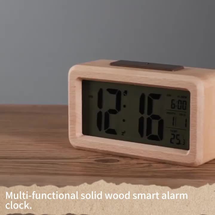 Elegant Wooden Alarm Clock with Calendar & Temperature Display
