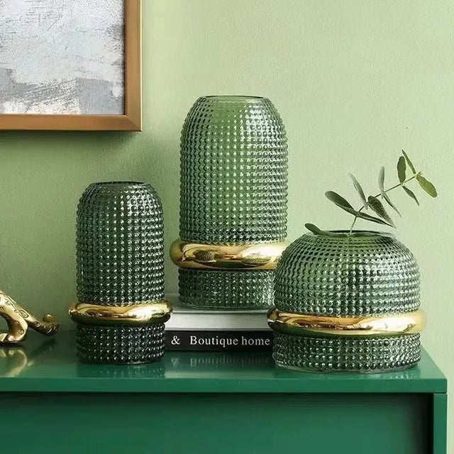 Dark Green Hydroponic Glass Vase with Gold Border