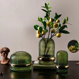 Dark Green Hydroponic Glass Vase with Gold Border