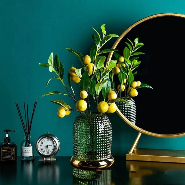 Dark Green Hydroponic Glass Vase with Gold Border