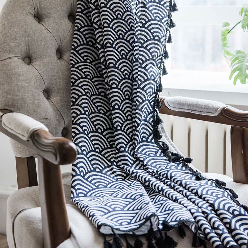 Fish Scale Semi Blockout Tassel Curtain in Navy Cotton