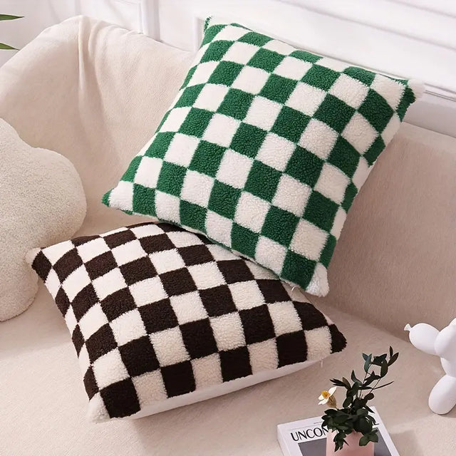 Checkerboard Faux Fur Cushion Cover in Khaki and Coffee