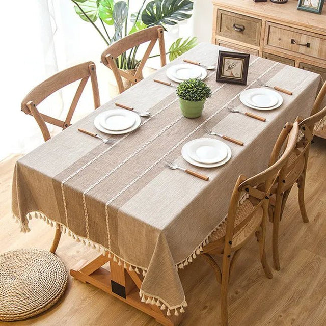 Decorative Plaid Pastel Linen Tablecloth with Tassels