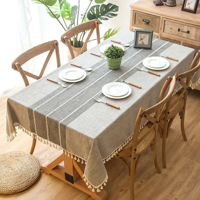 Decorative Plaid Pastel Linen Tablecloth with Tassels
