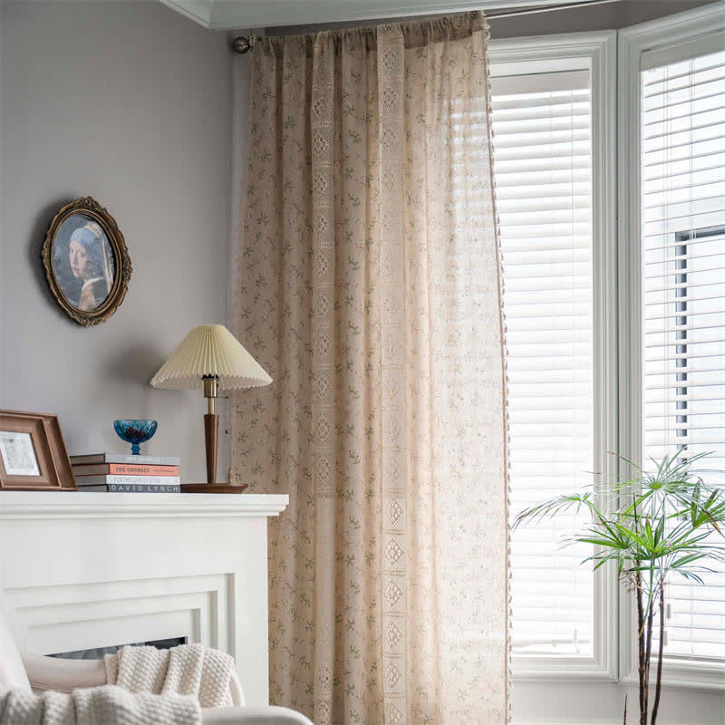 Floral Plaid Splicing Cotton Linen Tassel Curtain