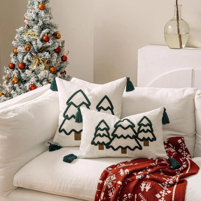 Embroidered Christmas Tree Cushion Cover in Cotton Canvas