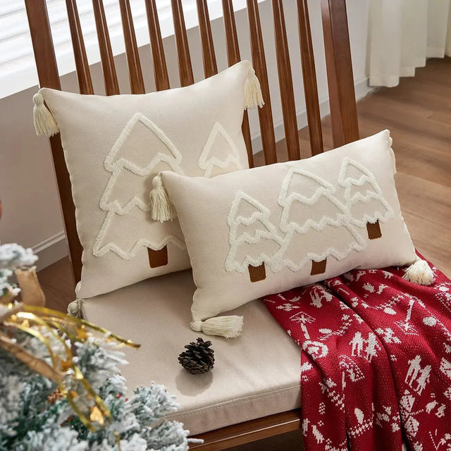 Embroidered Christmas Tree Cushion Cover in Cotton Canvas