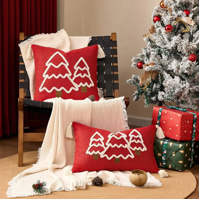 Embroidered Christmas Tree Cushion Cover in Cotton Canvas