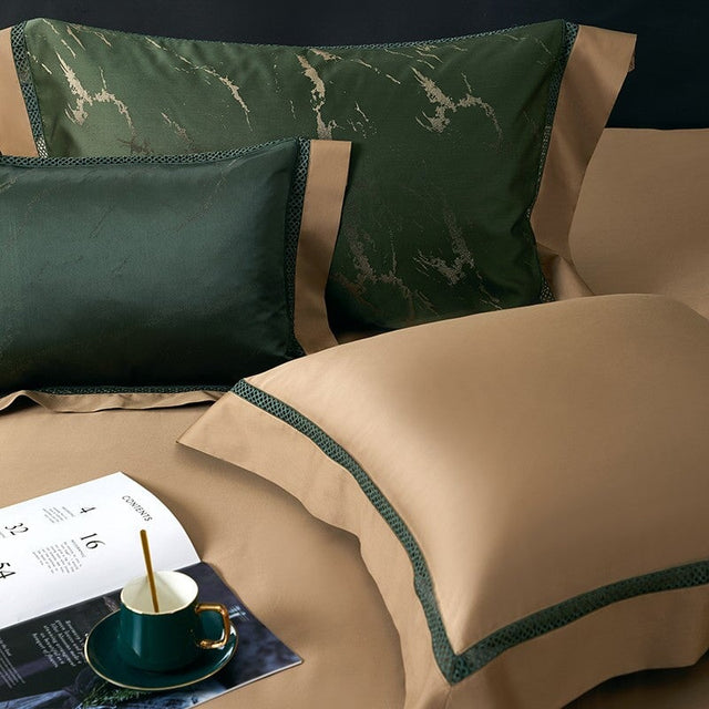 Emerald Opulence Duvet Cover Set – 1000 TC Cotton & Satin with Luxurious Marble Design