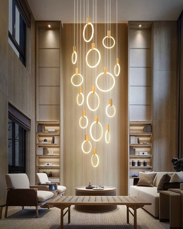 Halo LED Stair Chandelier – Modern Aluminum & Acrylic Hanging Light