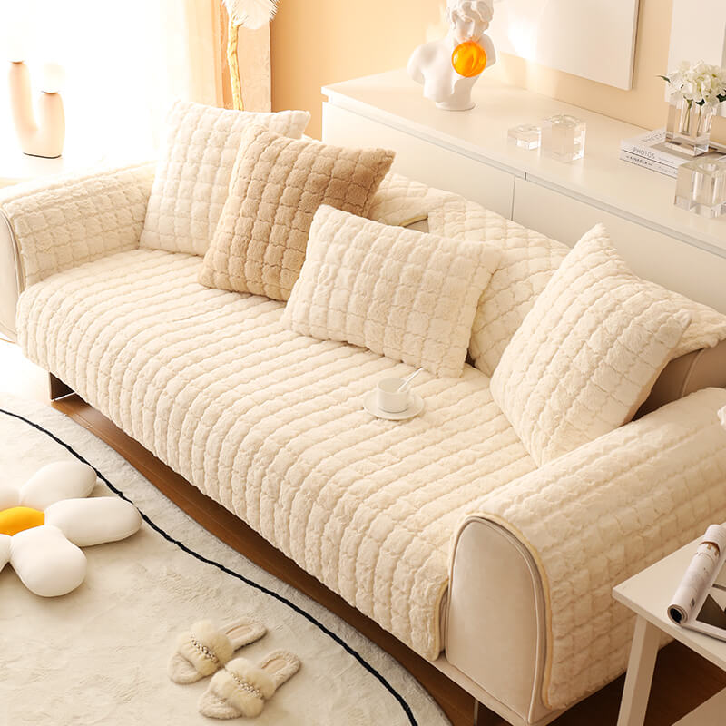 Biscuit Plush Soft Non-Slip Couch Cover with Anti-Slip Design