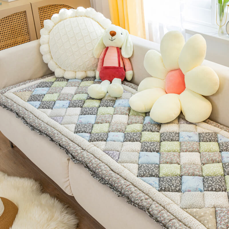Floral Handmade Pure Cotton Protective Couch Cover, Non-Slip